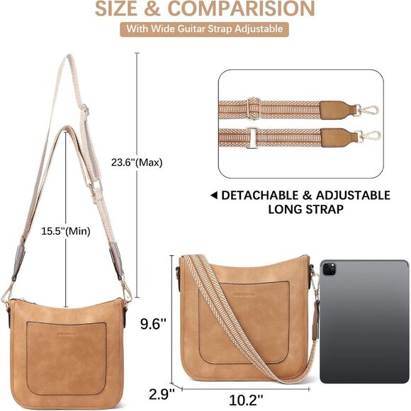 Elegant Vegan Leather Crossbody Bag with Adjustable Guitar Strap - 10.19" Tan - Picture 4 of 8